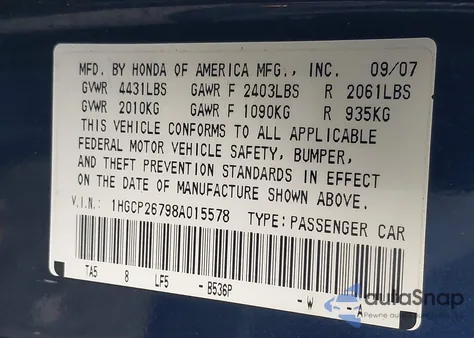 2008 Honda Accord 2.4 Ex from USA, damaged, VIN 1HGCP26798A015578